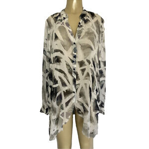 Go by Go Silk Shirt Button Down Tunic Sheer Gray White Silk V Neck Long Sleeve L